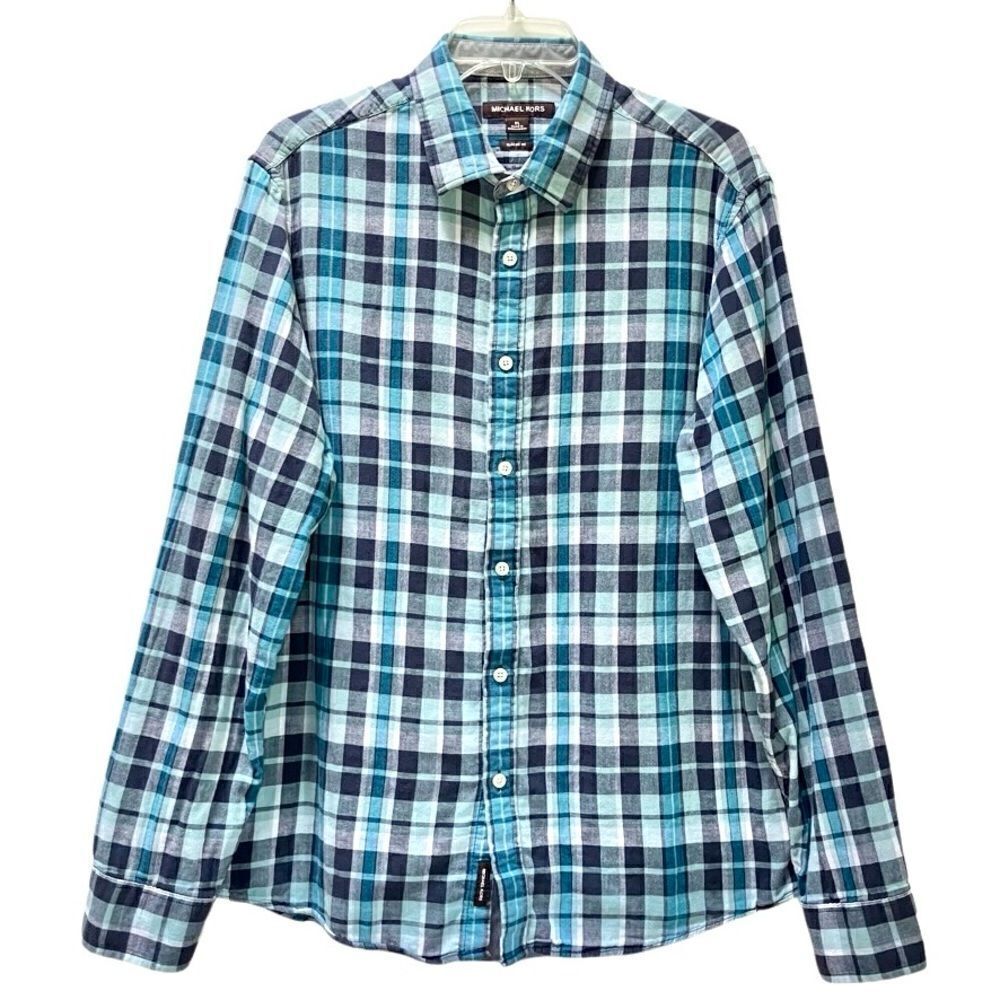 Michael Kors Double Faced Classic Fit Plaid Shirt in Blues/White Men’s XL